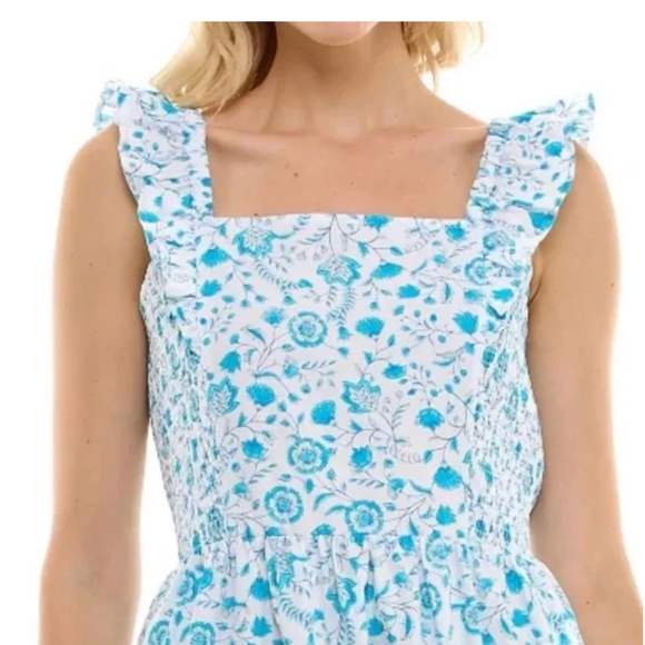 Draper James White Label Floral Smocked Midi Dress Sz XL Blue 100% Cotton - Picture 4 of 13